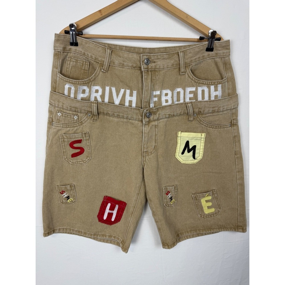ROMWE Double Waistband Denim Shorts Mens 36 Tan Streetwear Patches
